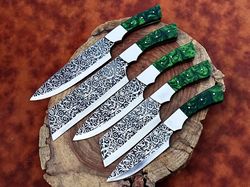 special engraved handmade j2 steel chef set 5 knives special chef set set of five knives, gift for her gift for mot