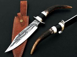 d2 steel with etching handmade fixed blade knife stag horn and black horn handle with leather sheath best gift for anniv
