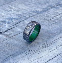 damascus steel whiskey barrel steel rings promise ring wood wedding ring damascus steel rings green wood inlay engagemen
