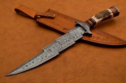 custom damascus fighter kris dagger hunting knife stag antler handle