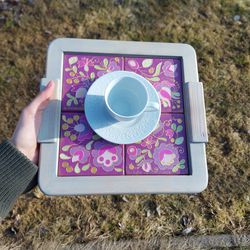 wood pink coffee tray with handpainted wood tiles