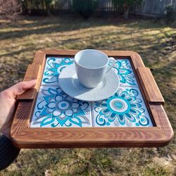 wood coffee tray with handpainted wood tiles. white and blue