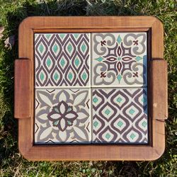 wood coffee tray with handpainted wood tiles. brown, beige and green