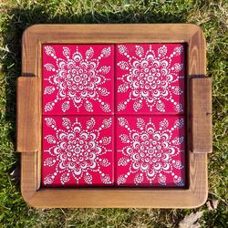 wood coffee tray with handpainted wood tiles. red and white