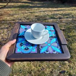 wood coffee tray with handpainted wood tiles. black, purple and mint