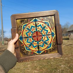 wood coffee tray with handpainted wood tiles. mandala