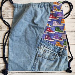 handmade denim backpack,eco bag,recycled jeans bag,backpack with a drawstring,