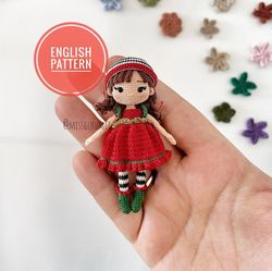 english pattern, miniature christmas doll pattern, pdf pattern, micro toy, crochet doll pattern