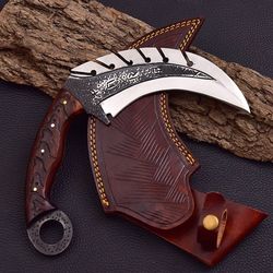 custom handmade carbon steel viking karambit with polished wood handle & italian leather sheath.