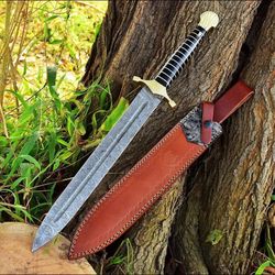 custom handmade damascus steel battle ready mini sword with leather sheath, viking sword, damascus sword