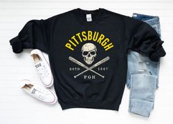 vintage pittsburgh baseball skull skeleton est 1887 black sweatshirt, pittsburgh baseball team retro shirt, baseball ret