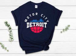 detroit basketball motor city cityscape navy shirt, detroit basketball team retro shirt, american basketball tshirt, gif