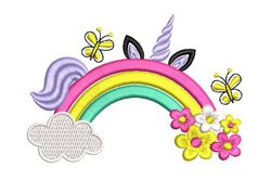 rainbow with flowers and unicorn embroidery design