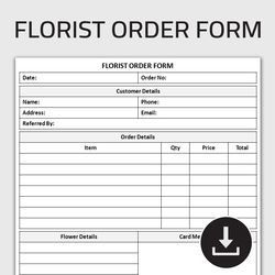 printable florist order form, flower order form, florist shop business order sheet, floral order form, editable template