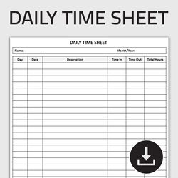 printable daily time sheet log, timesheet log, work hours tracker, employee hour tracker, editable template