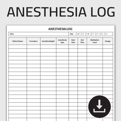 printable anesthesia log, anesthesia case tracker, anesthetic record, surgery monitoring chart, editable template