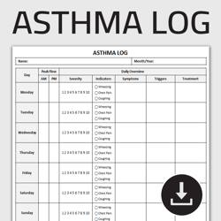 printable asthma log, daily asthma tracker, asthma attack tracker, respiratory monitoring chart, editable template