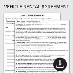 Printable Vehicle Rental Agreement Form, Car Rental Agreement, Car Rental Contract, Vehicle Lease Contract, Car Lease