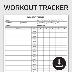 printable workout tracker, daily gym log, exercise log, workout planner, fitness journal, workout log, editable template