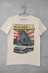 Godzilla and Car Vintage Unisex Graphic Tee - Retro Unisex T-shirt 1