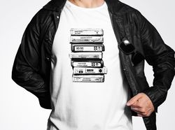 8 Track Cassette Tape Deck Stack of Late 1970s British Rock Bands Shirt Zeppelin, Queen, Bowie, Clash, ACDC, Black Sabba
