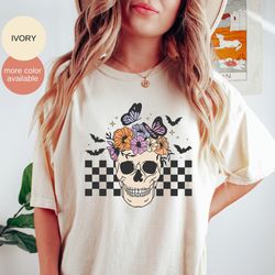 floral skull t-shirt, halloween shirt, bloom skull shirt, skeleton halloween shirt, spooky season shirt