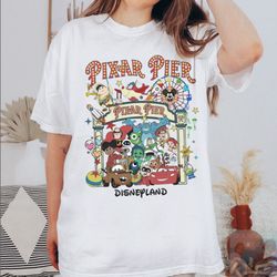 vintage meet me at pixar pier disney pixar characters shirt, disneyland pixar fest 2024 shirt, pixar family disneyland