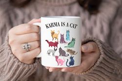 karma is a cat mug, cute cat music albums mug, ts music album inspired mug, concert fan gift, gift for her