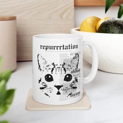 repurtation mug, karma is a cat mug, eras mug, taylor fan mug, swiftea mug, music lover mug, music fan mug, cat mug, ts