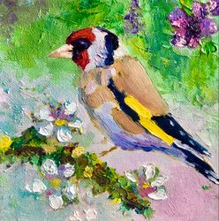 bird painting, original goldfinch canvas wall art, miniature artwork