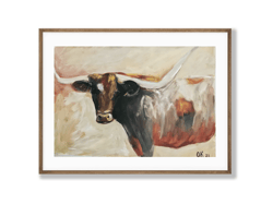 handmade animal paintings - texas longhorn cattle painting for cottage gift idea