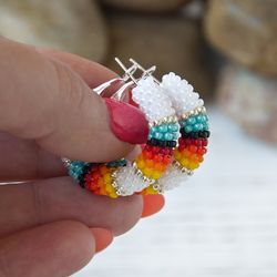 white beaded hoop earrings 1.2" / beadwork earrings native / color block earrings