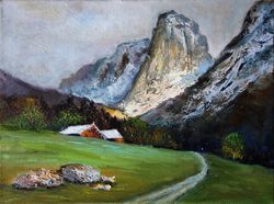 mountains painting oil meadow original art river landscape artwork