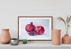 pomegranates watercolor painting fruit original art kitchen small still life