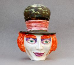 head vase ,mad hatter ,sculpture, vase ,pottery alice in wonderland ,decorative figurine, ceramic face vase, porcelain sculpture, art object, home decor