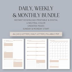 daily, weekly & monthly printable and digital planner, planner for goodnotes