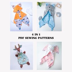 set of 4 sewing patterns fox lovey, cat lovey, deer lovey and bunny lovey security blanket