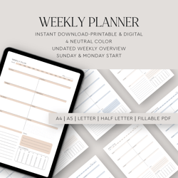 weekly printable and digital planner, undated planner, goodnotes