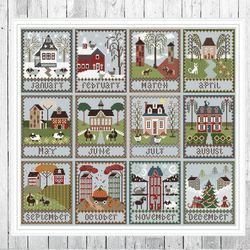 cross stitch months of the year village outline pdf, primitive modern folk embroidery, pdf calendar primitive sewing 155