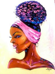 painting original african american lady portrait.oil cardboard 30-40 cm