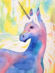 unicorn painting, original watercolor art 8*12"