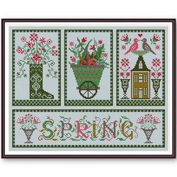 cross stitch pattern  sampler spring embroidery primitive flowers digital pdf instant download # 169