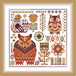 scandinavian cross stitch pattern nordic stitching primitive sampler forest sampler deer hare instant pdf 156