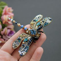 blue beaded dragonfly brooch handmade. embroidered brooch insect. best friend gifts