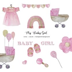 watercolor baby girl birth announcement. its a girl clipart. baby girl pink elements png