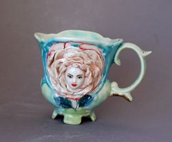 handmade art mug ,talking flowers ,rose alice in wonderland ,flower face mug, fairy figurine cup ,wonderland decor, sculpture mug ,best friend gift .beautiful ceramic cup unusual exclusive handmade mug porcelain art