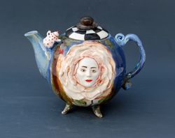 handmade art teapot ,talking flowers rose ,alice in wonderland ,flower face teapot ,fairy figurine ,teapot ,wonderland decor ,sculpture teapot handmade ceramics porcelain art.