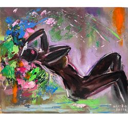 nude woman painting original art faceless portrait painting naked black woman artwork 13 by 16" flowers woman painting