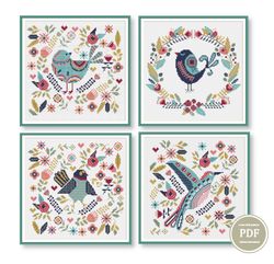 set of 4 patterns cross stitch scandinavian birds modern embroidery primitive sampler nordic style instant download pdf digital file # 176