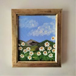 flower field painting daisies original painting flower wall decor daisies mini painting landscape small art impasto